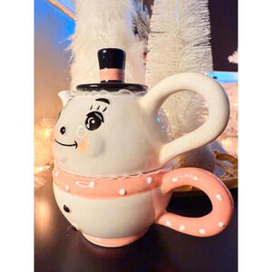 Johanna Parker Carnival Cottage Snowman Teapot & Mug Stack Set Pink Christmas